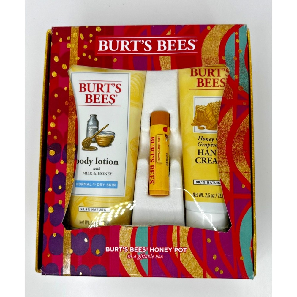 BURT'S BEES Honey Pot 3 Piece Gift Set NEW Lotion Hand Cream Lip Balm